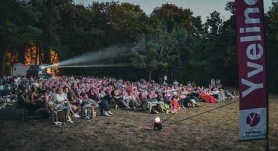 Des personnes regardent un film en extérieur