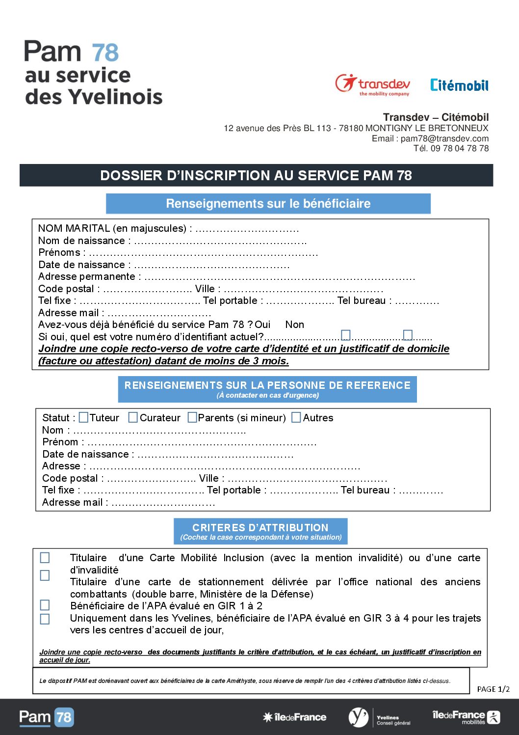 PAM Dossier d'inscription Conseil départemental des Yvelines