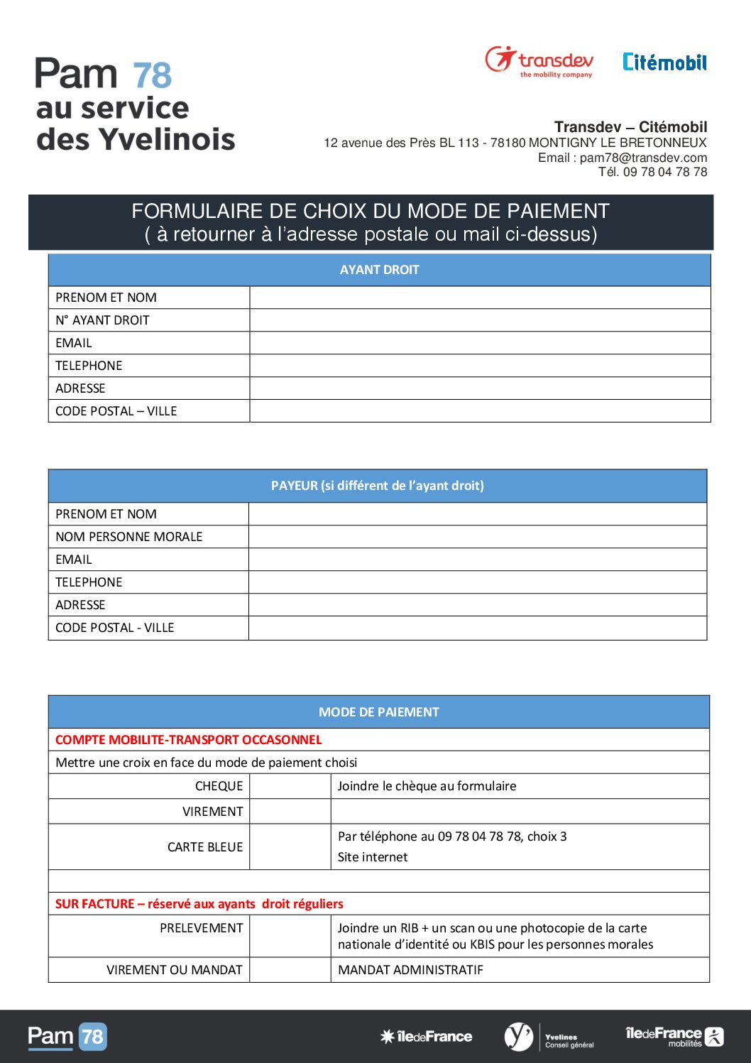 Formulaire modalités de paiement  Conseil départemental des Yvelines
